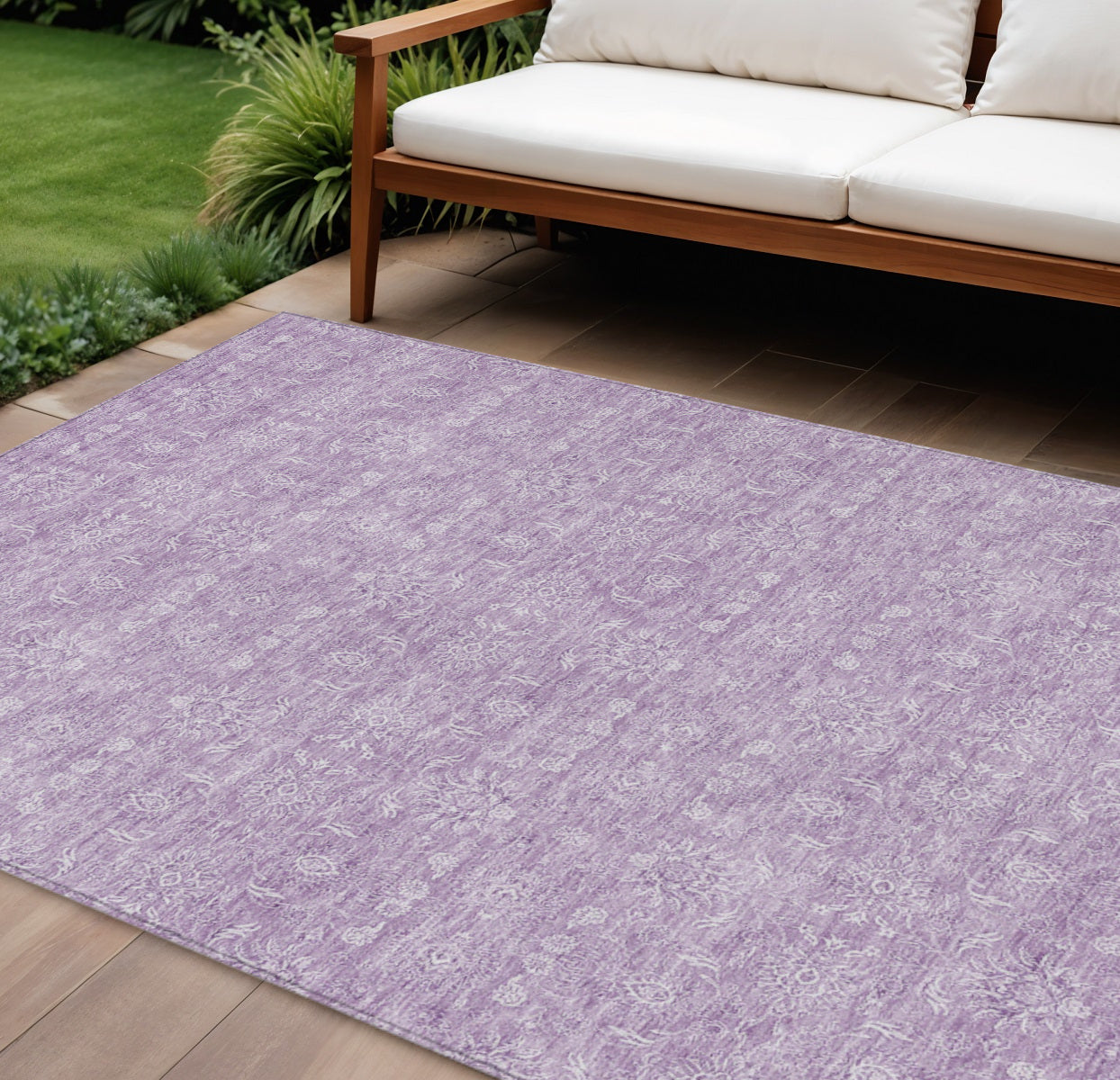 8' X 10' Lavender Lilac And Ivory Floral Washable Indoor Outdoor Area Rug
