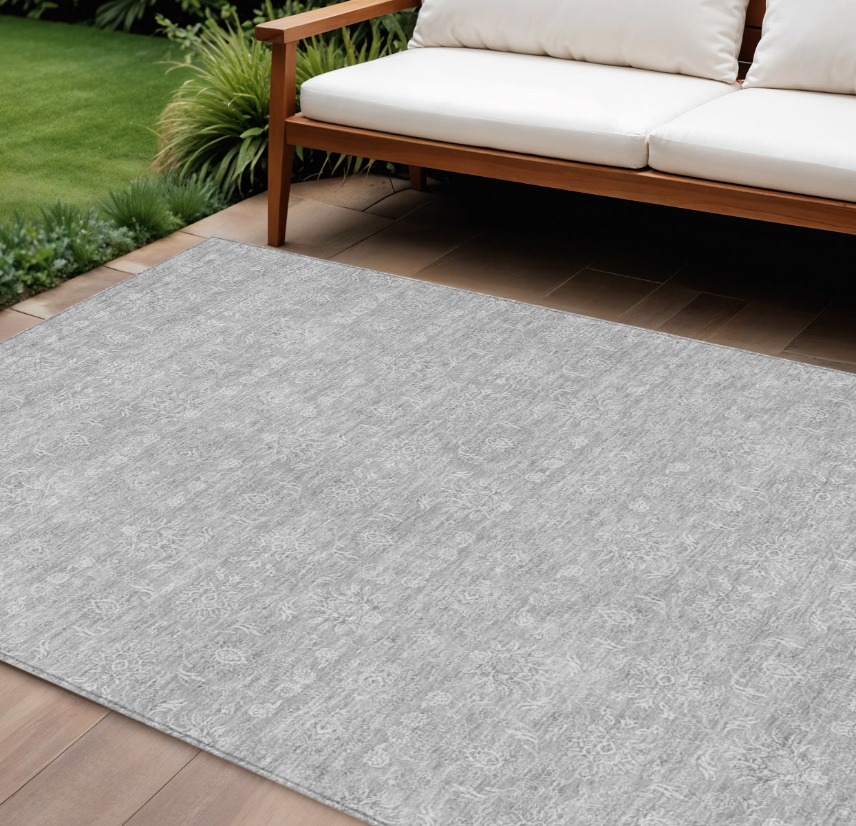 10' X 14' Silver Gray And Ivory Floral Washable Indoor Outdoor Area Rug
