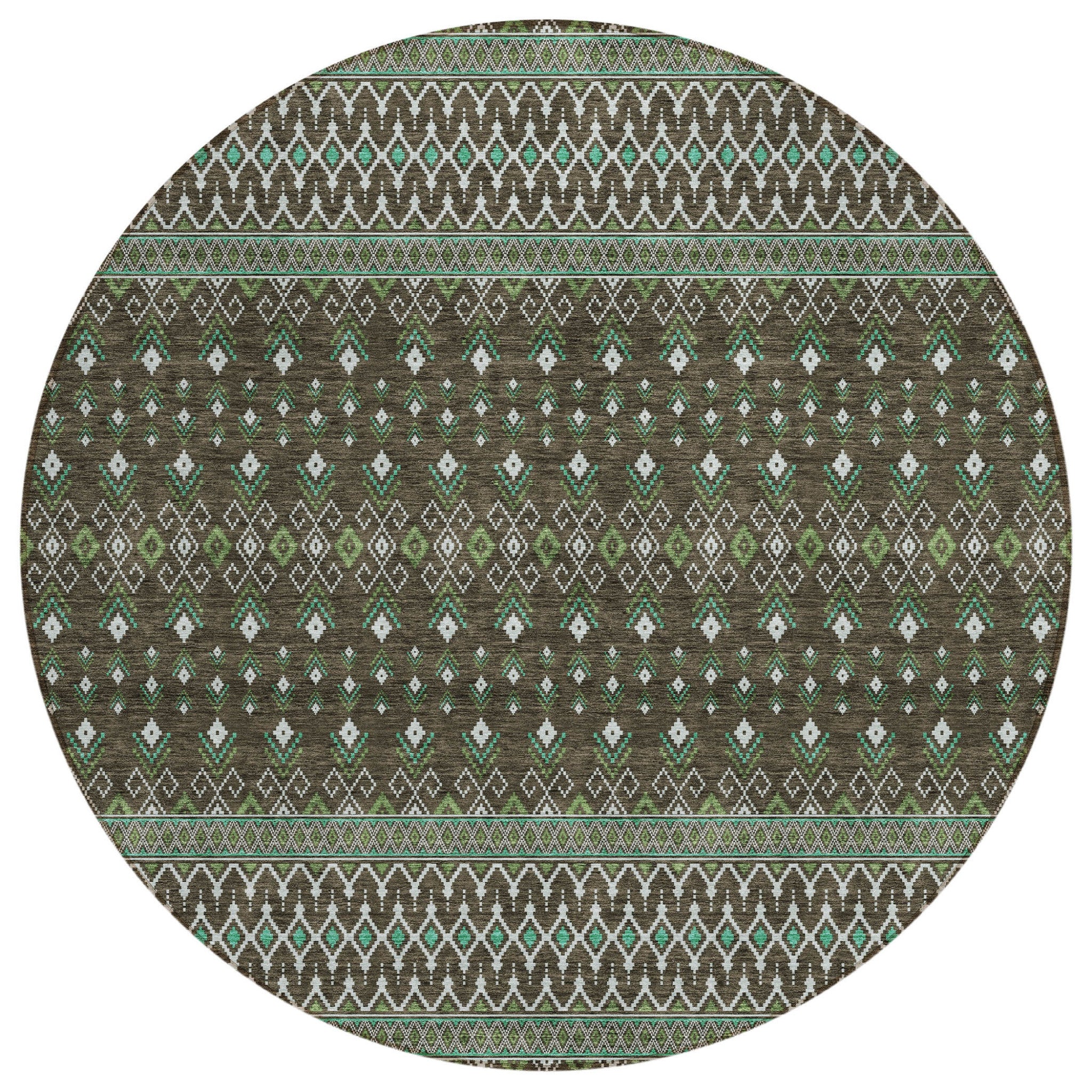 8' Brown Green And Olive Green Round Tribal Washable Indoor Outdoor Area Rug