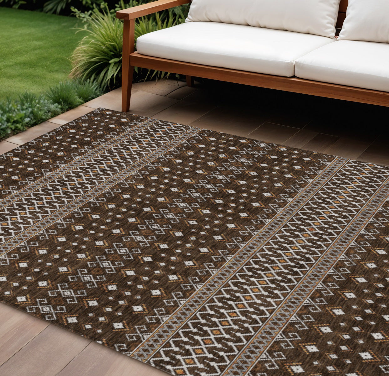 10' X 14' Chocolate Taupe And Copper Tribal Washable Indoor Outdoor Area Rug