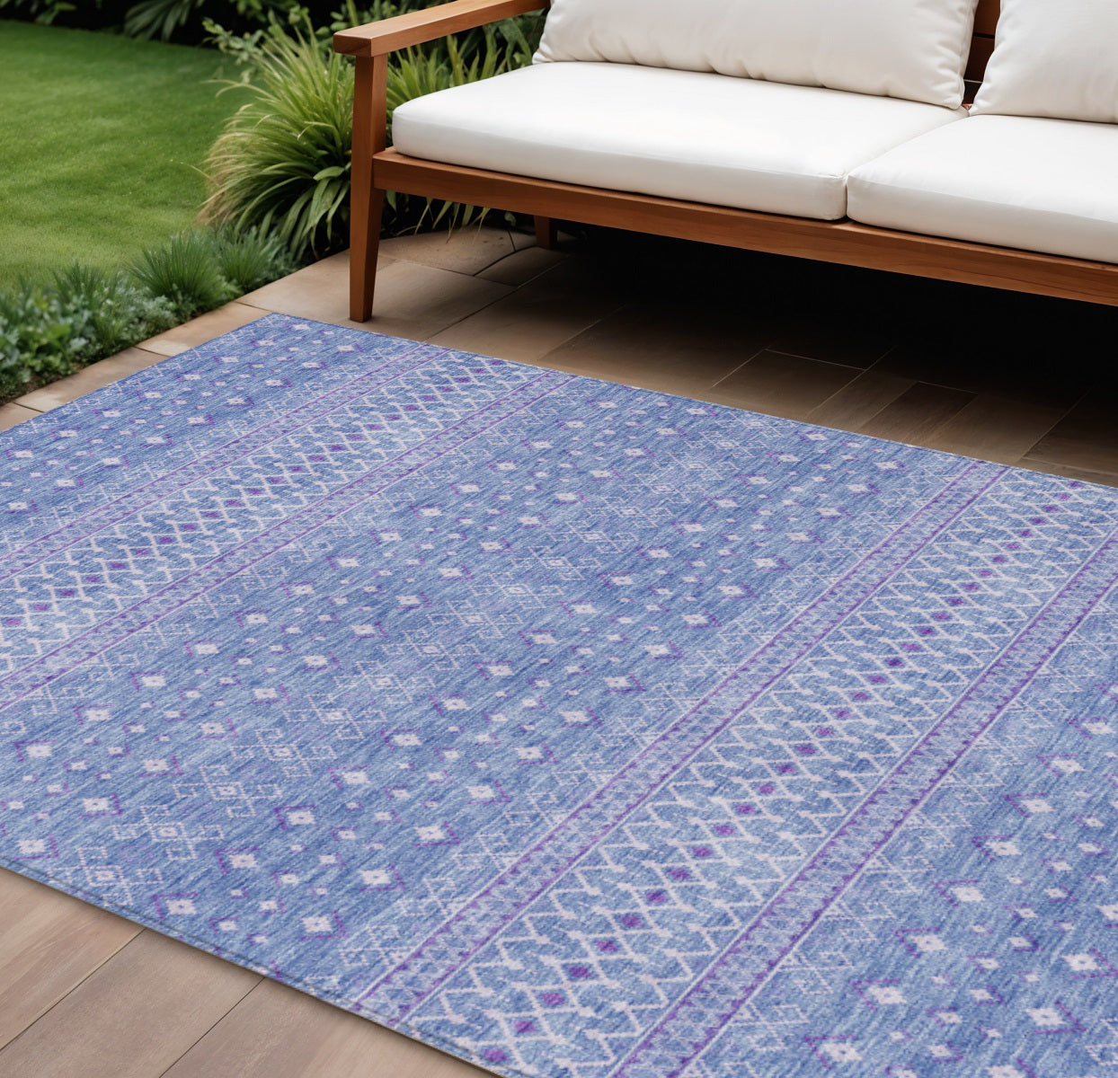 8' X 10' Sky Blue Purple And Ivory Tribal Washable Indoor Outdoor Area Rug