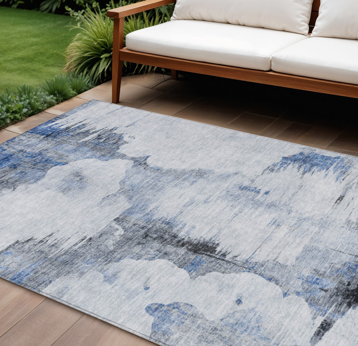 8' X 10' Navy Blue And Ivory Abstract Washable Indoor Outdoor Area Rug