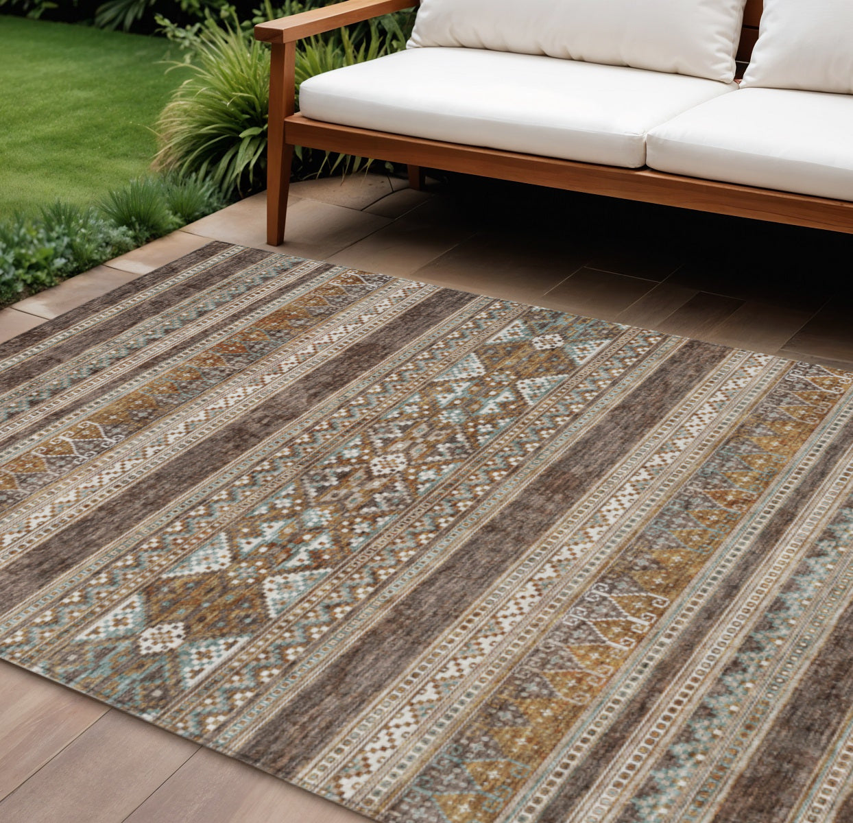 10' X 14' Chocolate And Gray Southwestern Washable Indoor Outdoor Area Rug