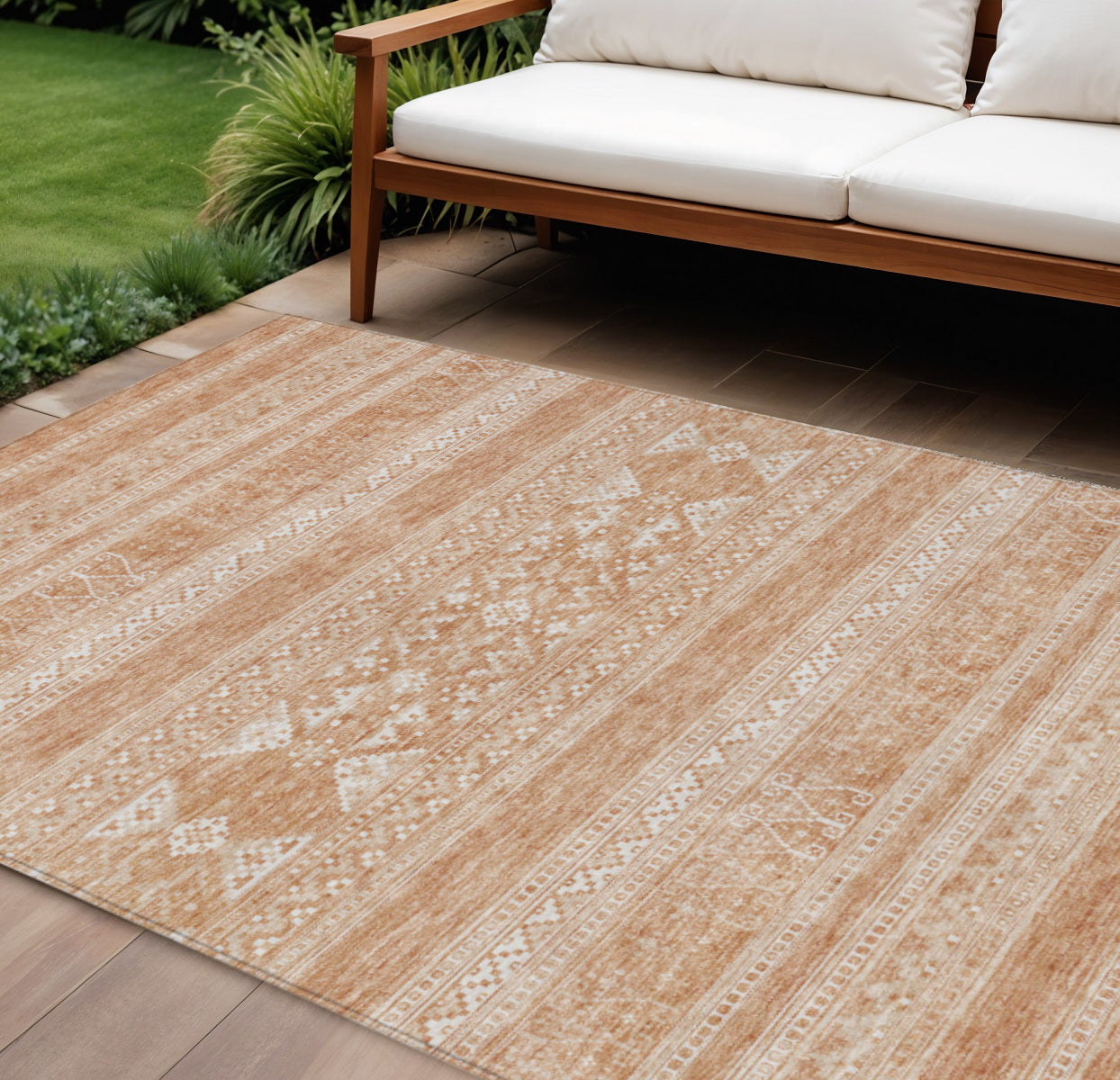 9' X 12' Copper And Ivory Southwestern Washable Indoor Outdoor Area Rug