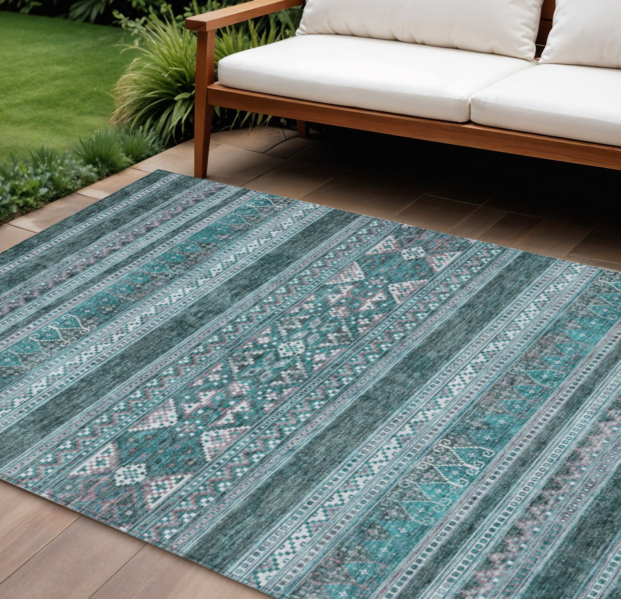 10' X 14' Teal Blue Ivory And Gray Southwestern Washable Indoor Outdoor Area Rug