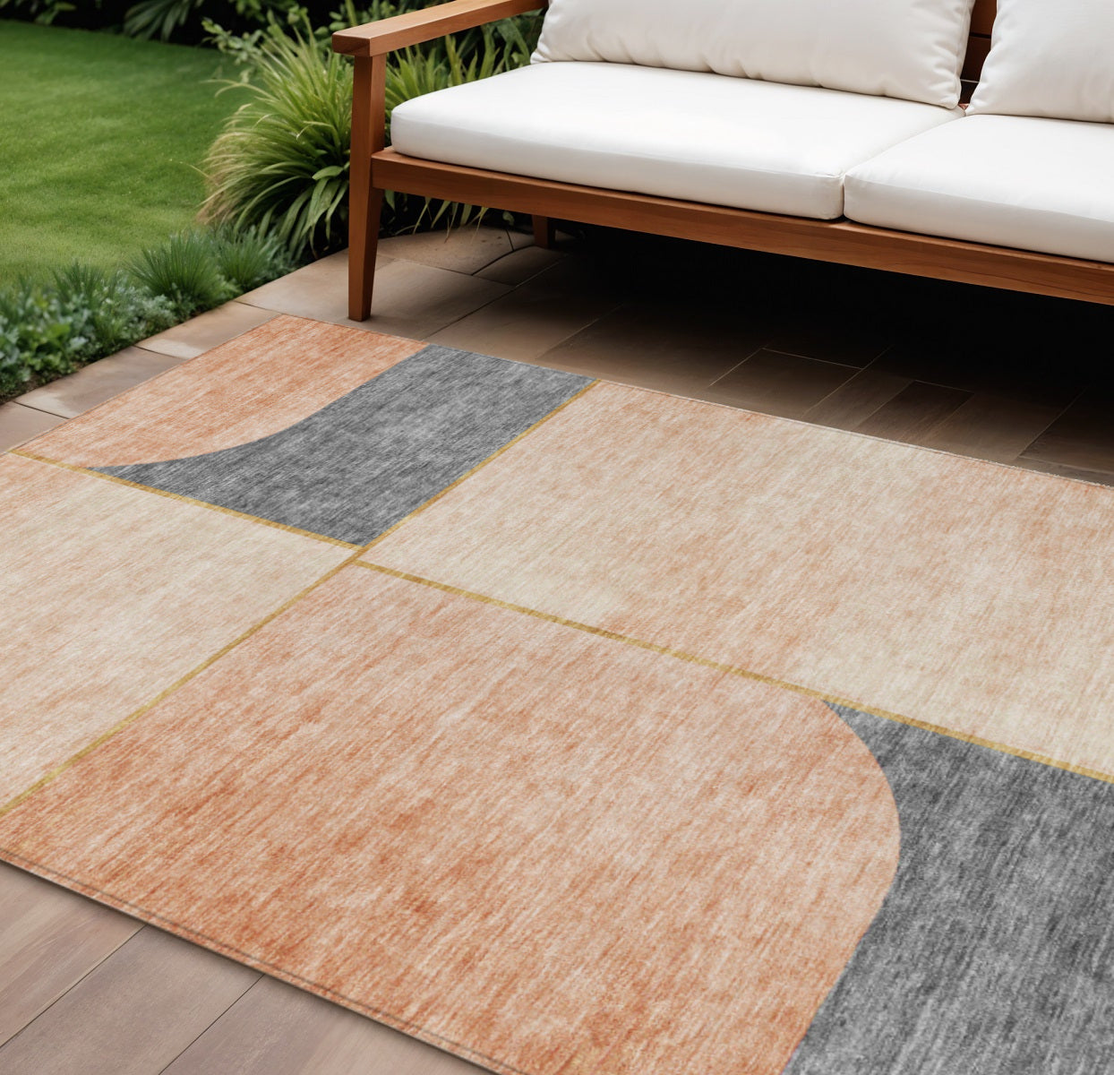 8' X 10' Coral Peach And Gray Abstract Washable Indoor Outdoor Area Rug