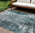 8' X 10' Teal Blue Gray And Charcoal Abstract Washable Indoor Outdoor Area Rug