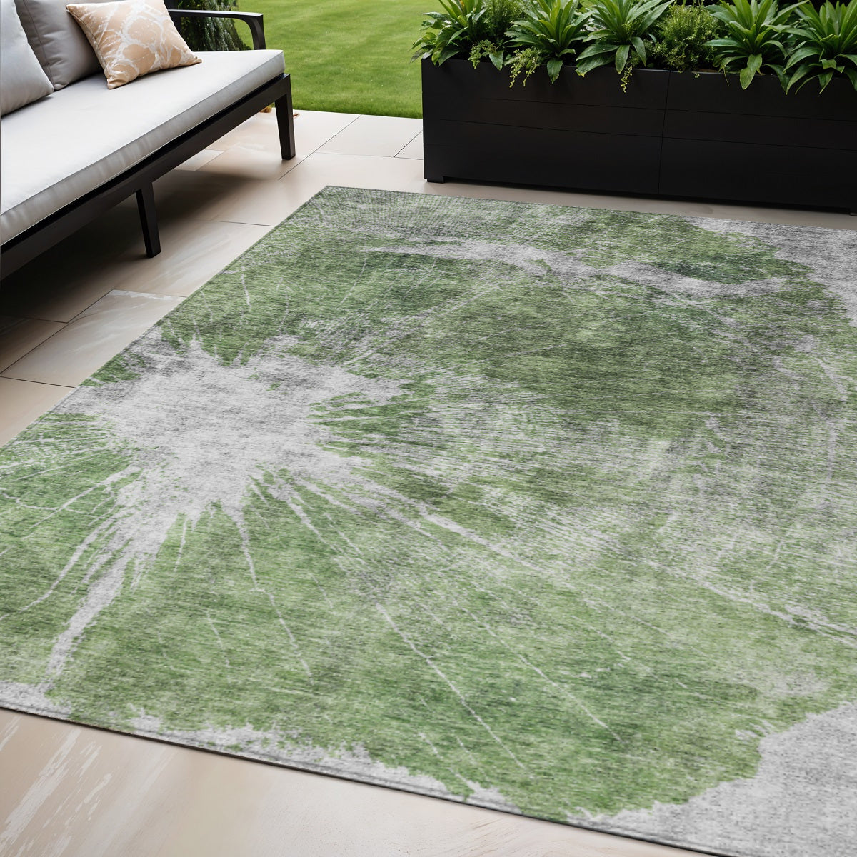 5' X 8' Green And Gray Abstract Washable Indoor Outdoor Area Rug