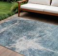 8' X 10' Teal Blue Navy Blue And Gray Abstract Washable Indoor Outdoor Area Rug