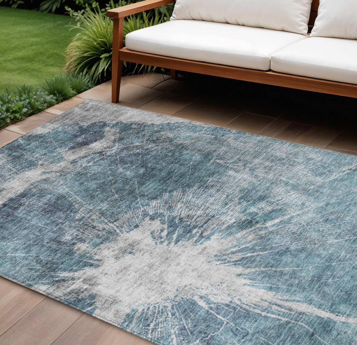 8' X 10' Teal Blue Navy Blue And Gray Abstract Washable Indoor Outdoor Area Rug