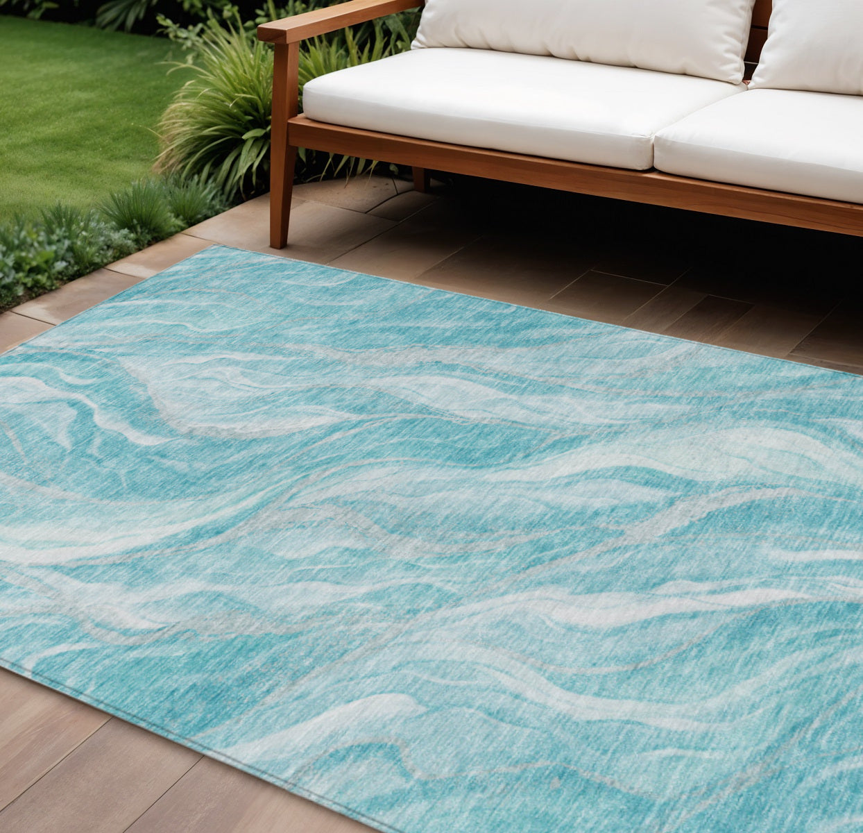 8' X 10' Teal Blue Aqua And Ivory Abstract Washable Indoor Outdoor Area Rug