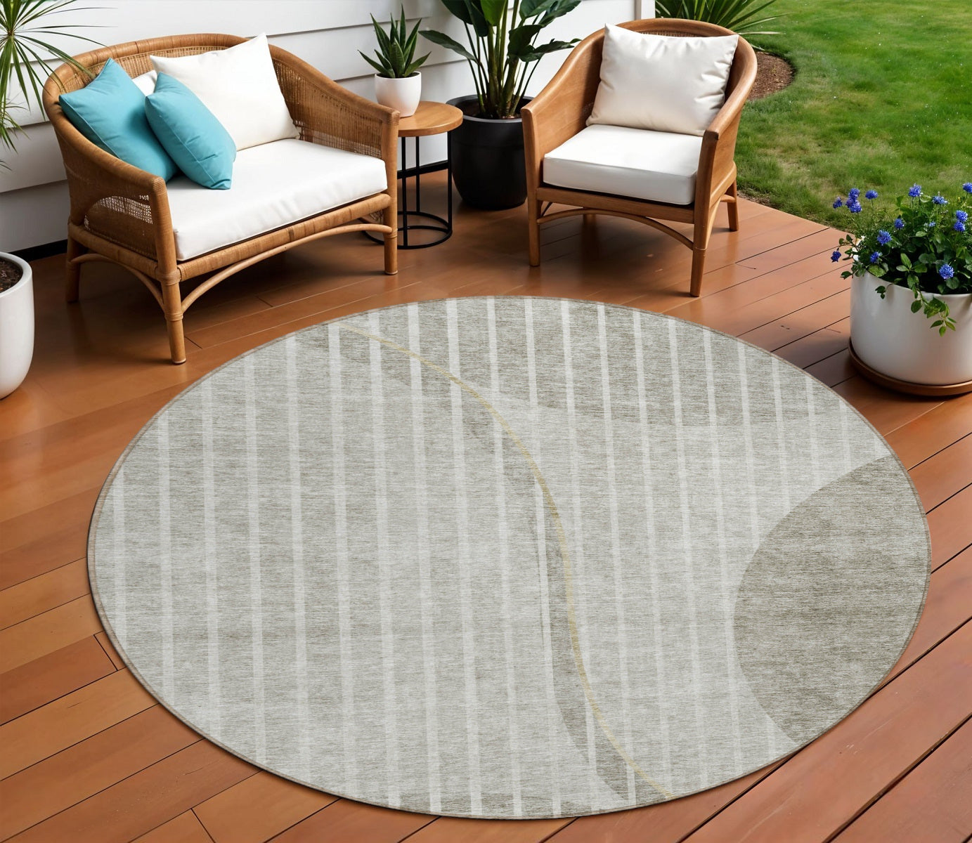 8' Taupe Beige And Ivory Round Striped Washable Indoor Outdoor Area Rug