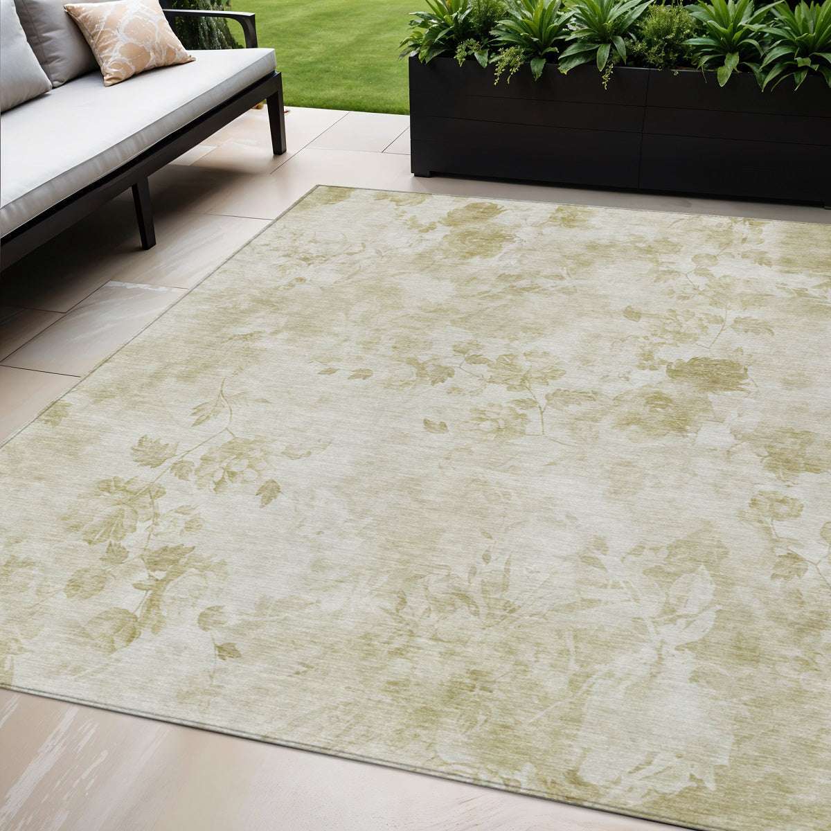5' X 8' Khaki Beige And Tan Floral Washable Indoor Outdoor Area Rug