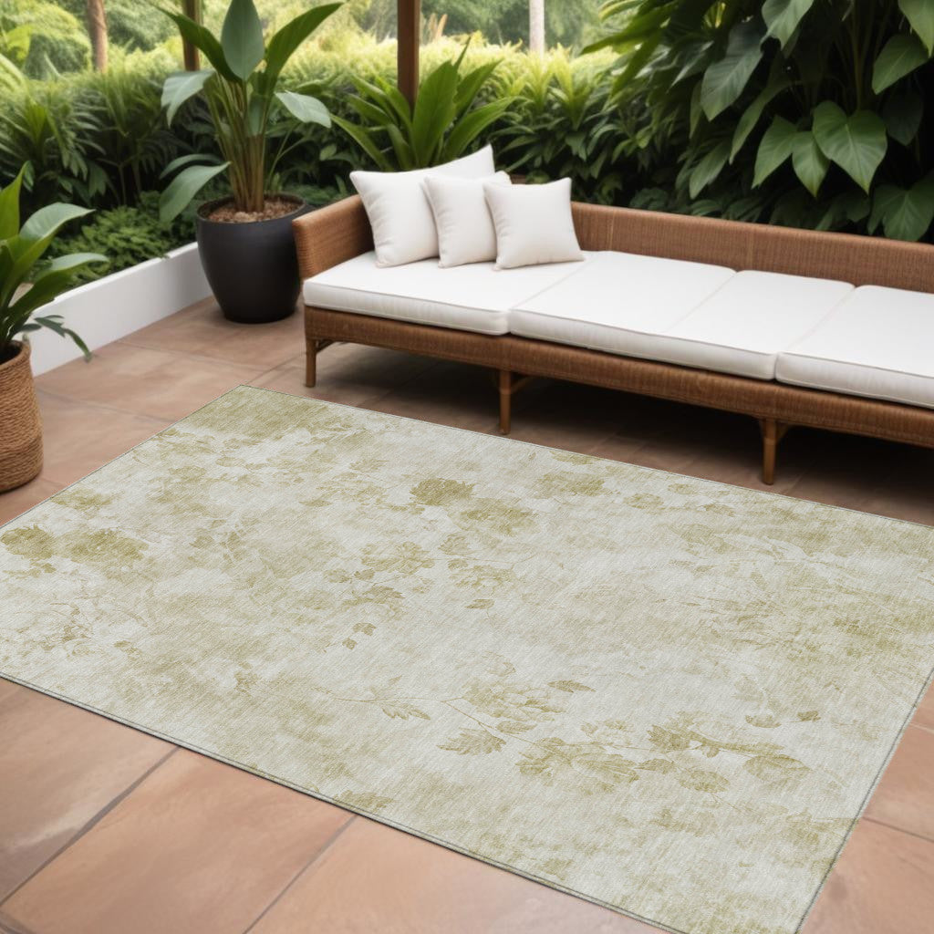 10' X 14' Khaki Beige And Tan Floral Washable Indoor Outdoor Area Rug