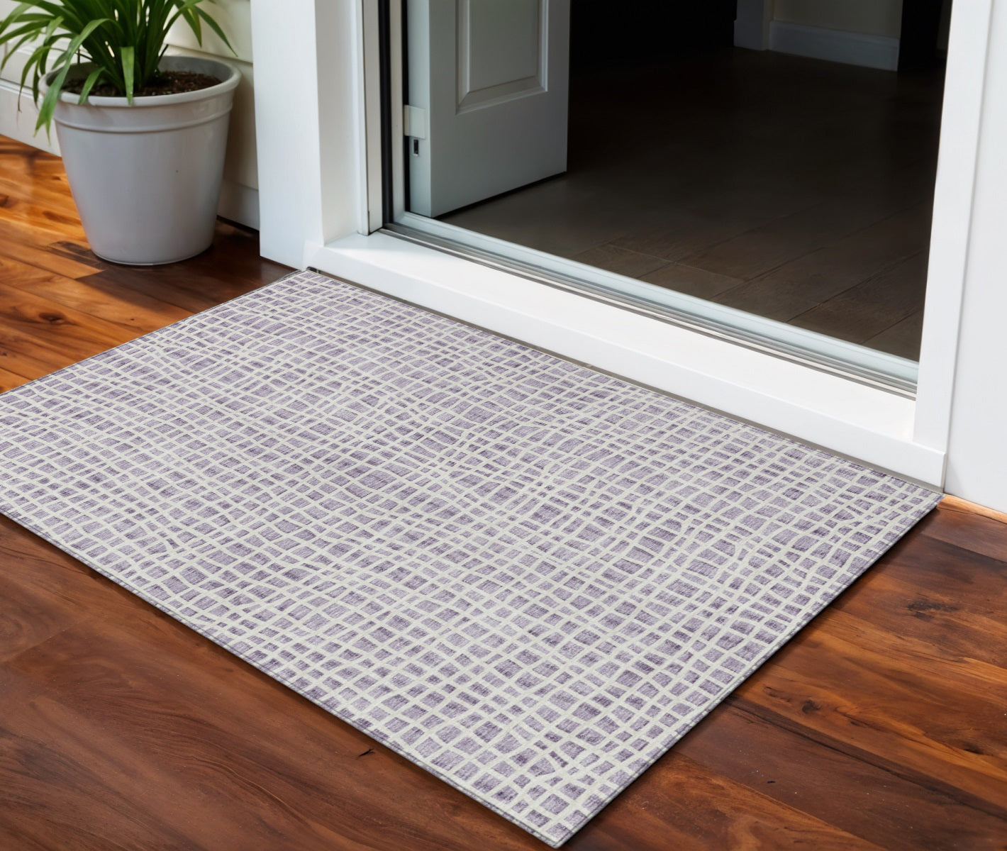 3' X 5' Lilac Purple And Ivory Striped Washable Indoor Outdoor Area Rug