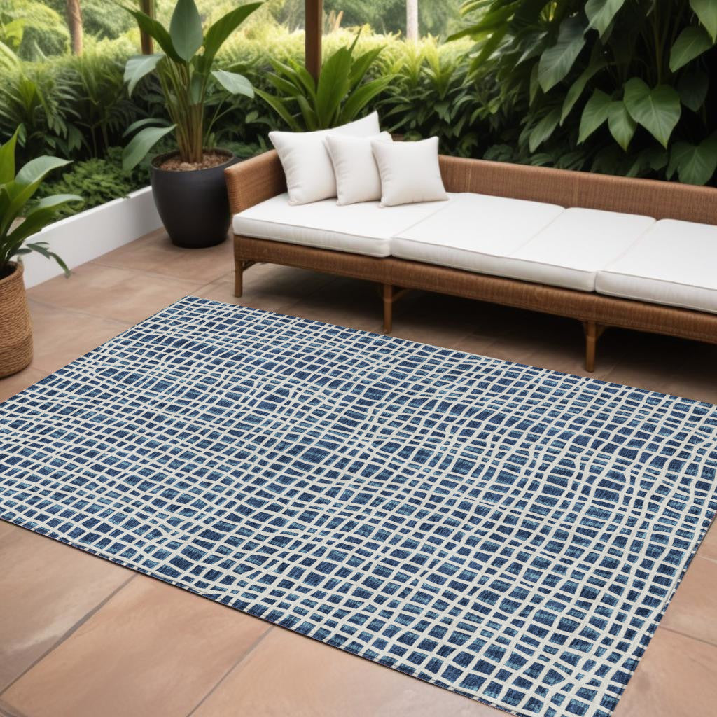 8' X 10' Navy Blue And Ivory Striped Washable Indoor Outdoor Area Rug