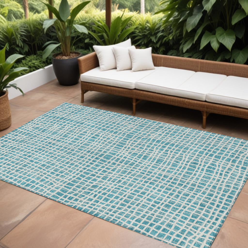 10' X 14' Teal Blue And Ivory Striped Washable Indoor Outdoor Area Rug