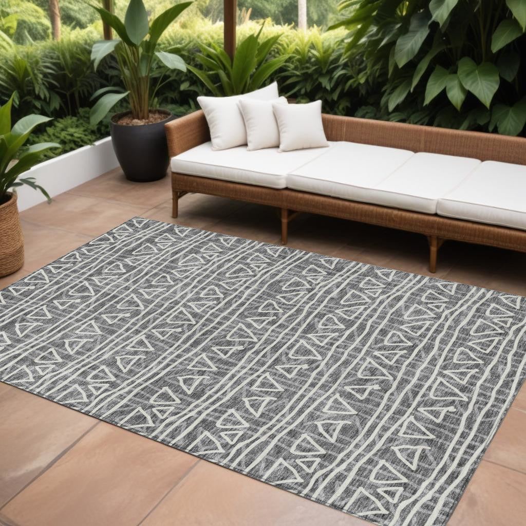 9' X 12' Charcoal Gray And Ivory Geometric Washable Indoor Outdoor Area Rug
