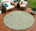 8' Green And Beige Round Geometric Washable Indoor Outdoor Area Rug