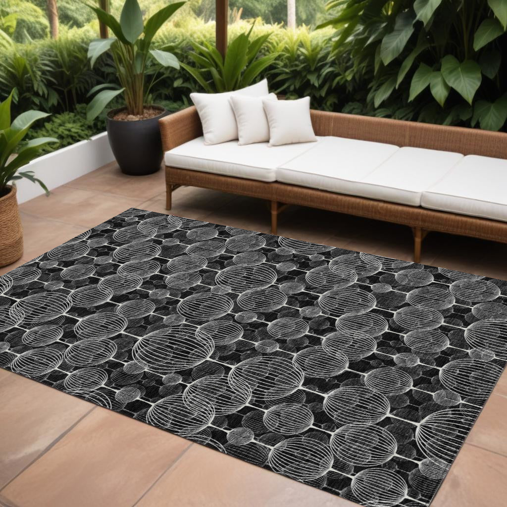 8' X 10' Black Charcoal And Ivory Geometric Washable Indoor Outdoor Area Rug