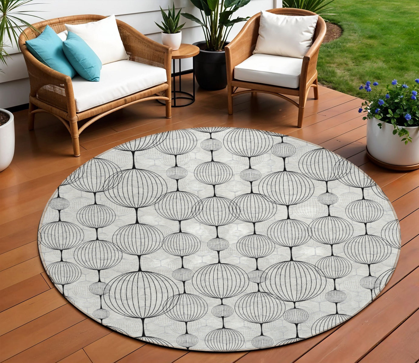 8' Graphite Gray And Silver Round Geometric Washable Indoor Outdoor Area Rug