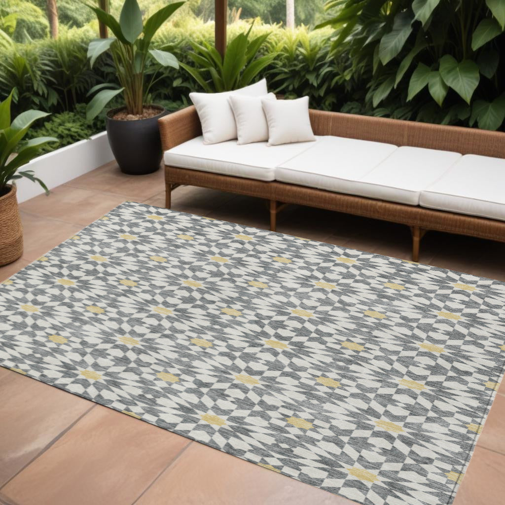 8' X 10' Gray Ivory And Gold Floral Medallion Washable Indoor Outdoor Area Rug