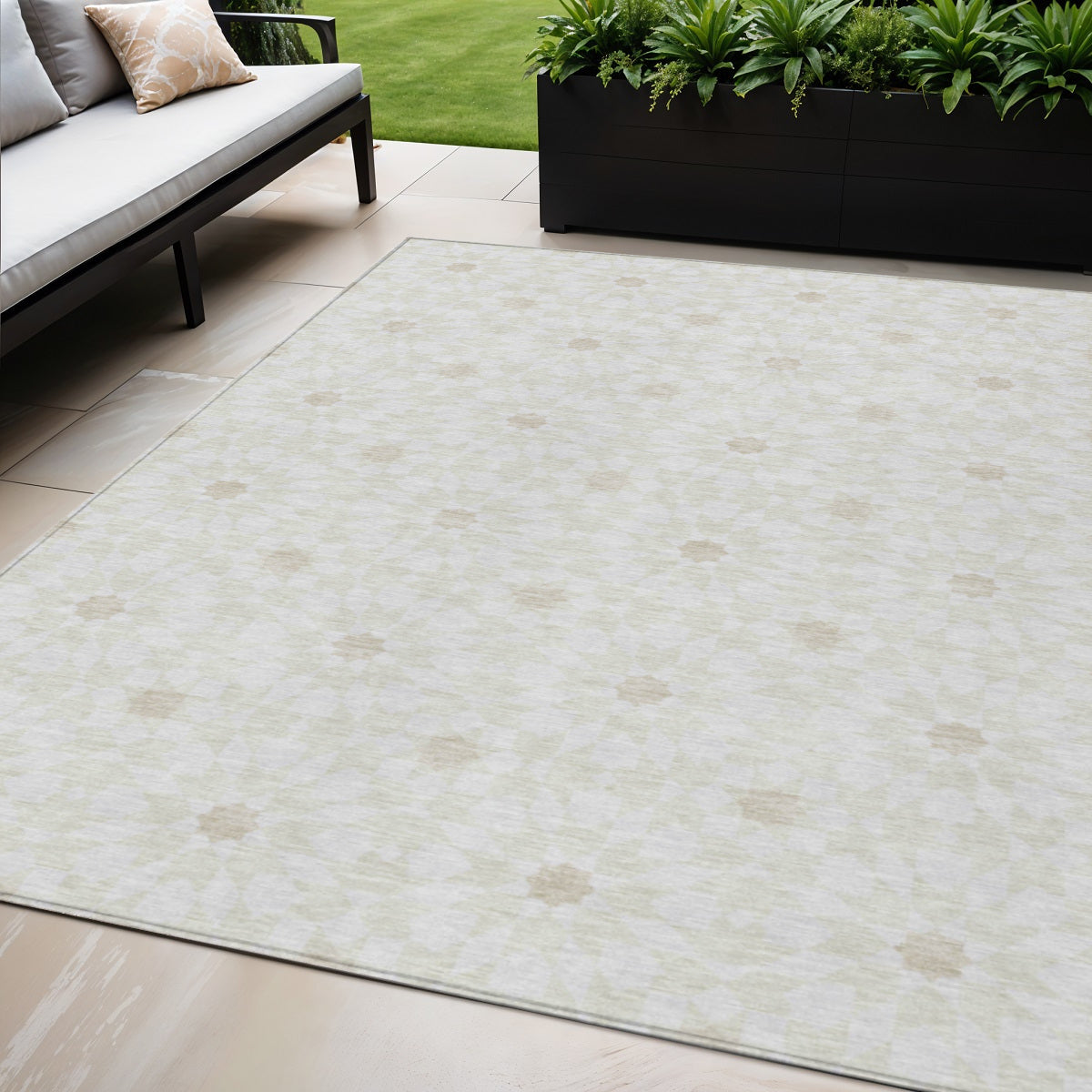 5' X 8' Ivory Beige And Taupe Floral Medallion Washable Indoor Outdoor Area Rug