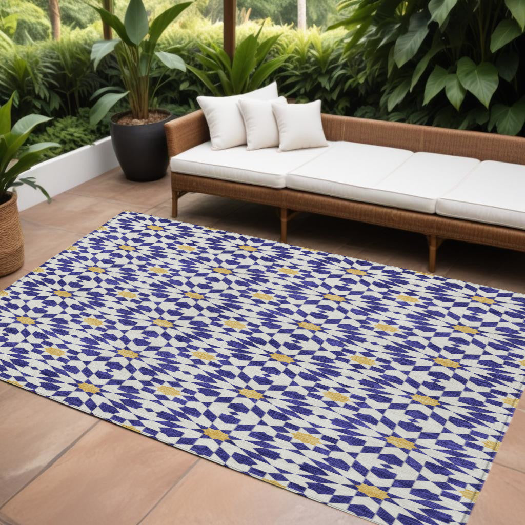 8' X 10' Navy Blue And Ivory Floral Medallion Washable Indoor Outdoor Area Rug