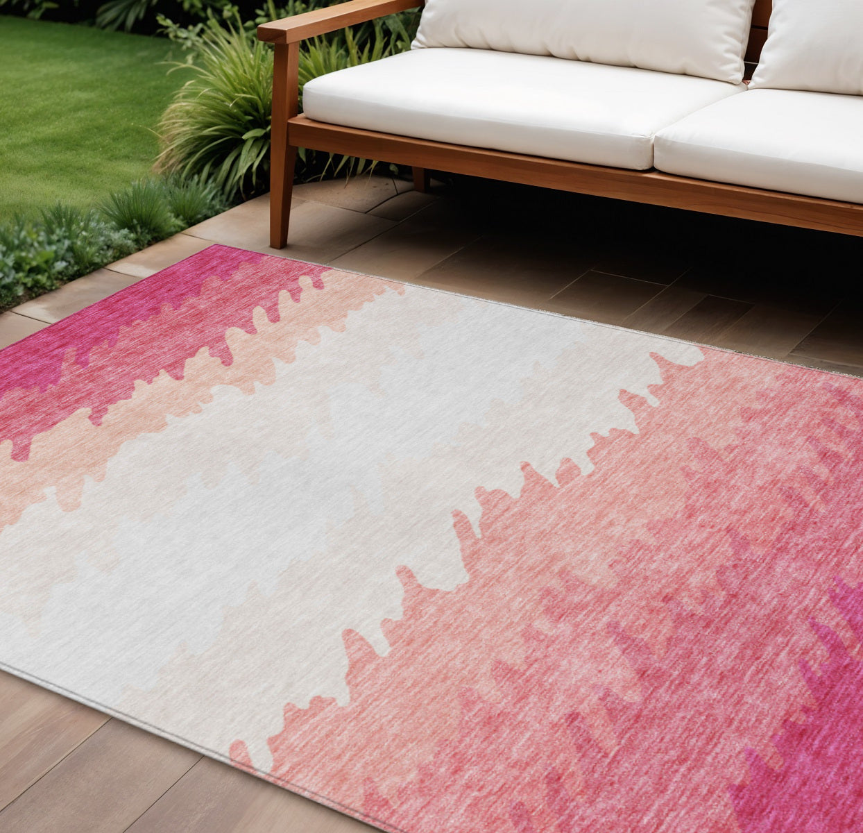 8' X 10' Blush Pink And Ivory Striped Washable Indoor Outdoor Area Rug