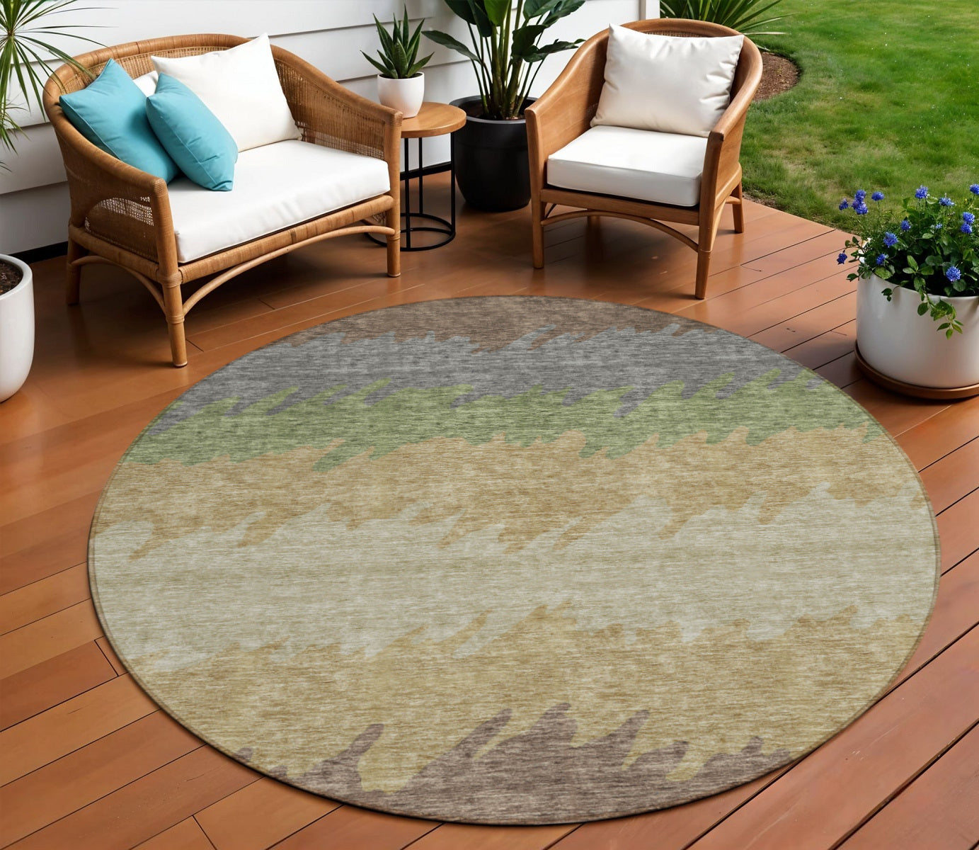 8' Chocolate Gray And Green Round Striped Washable Indoor Outdoor Area Rug