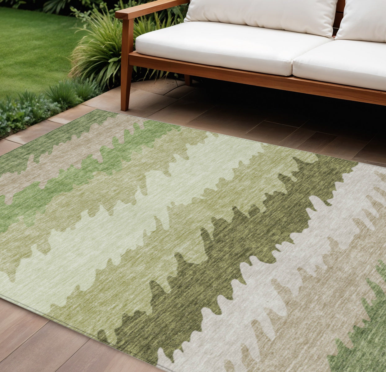 8' X 10' Beige And Olive Green Striped Washable Indoor Outdoor Area Rug
