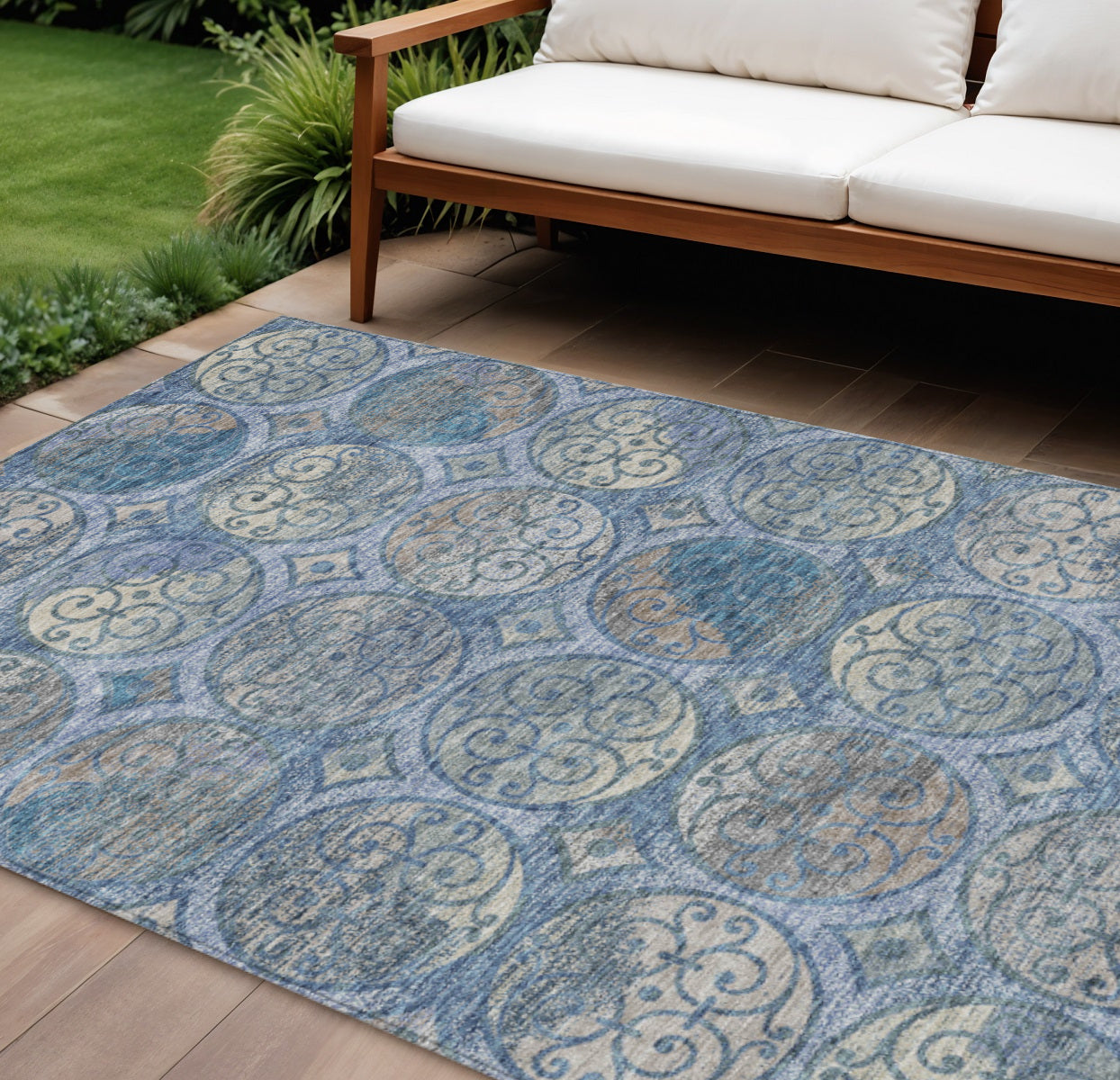 10' X 14' Navy Blue And Sky Blue Trellis Washable Indoor Outdoor Area Rug