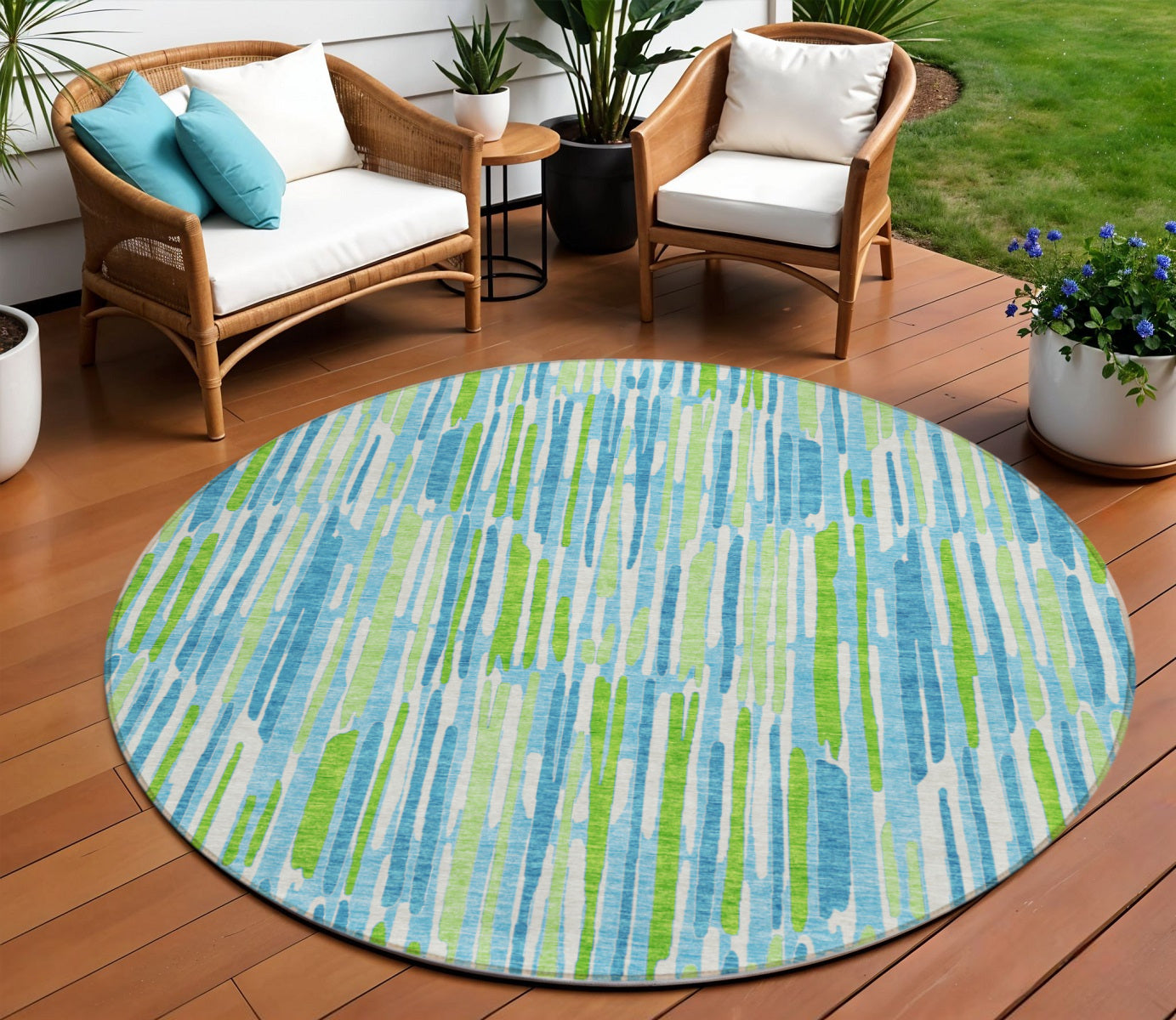 8' Aqua Teal Blue And Lime Green Round Abstract Washable Indoor Outdoor Area Rug