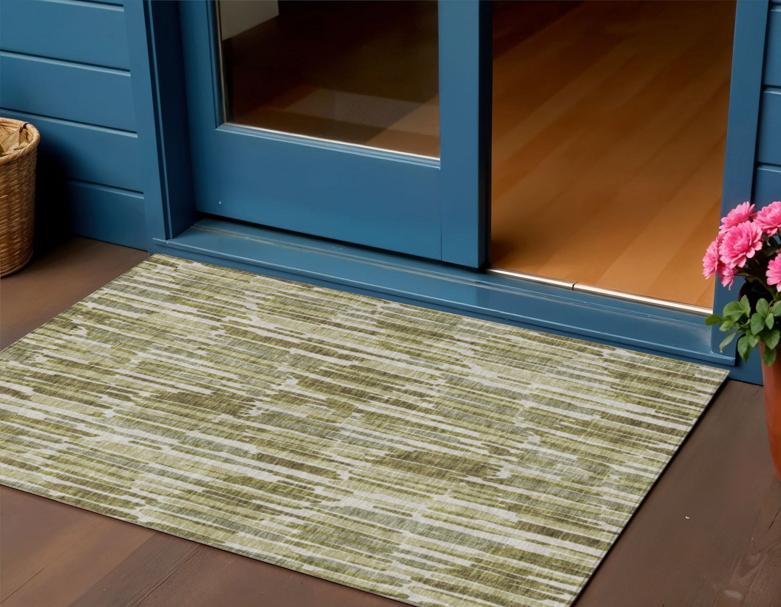 3' X 5' Olive Green Brown And Beige Abstract Washable Indoor Outdoor Area Rug