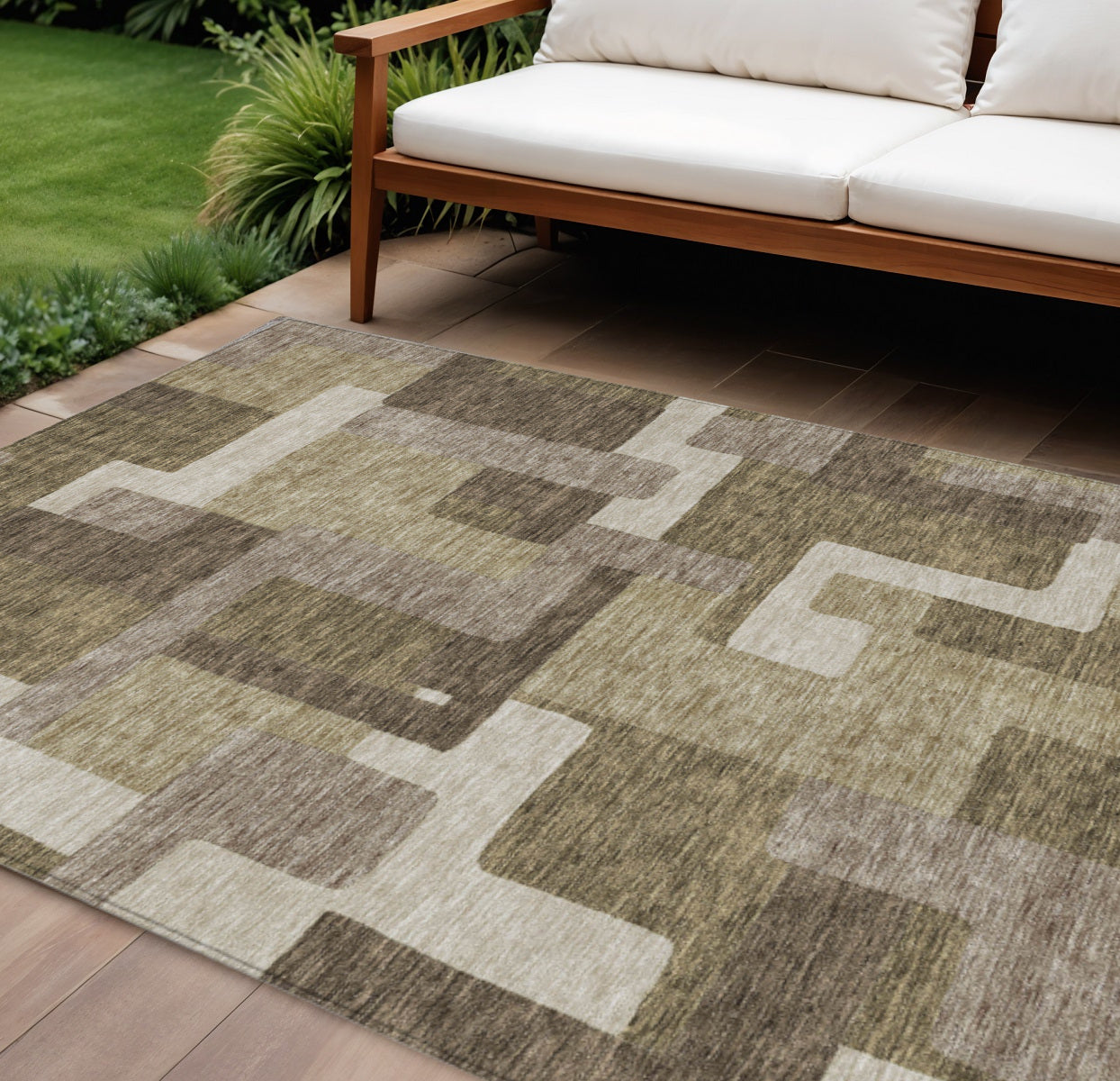 9' X 12' Brown And Beige Abstract Washable Indoor Outdoor Area Rug