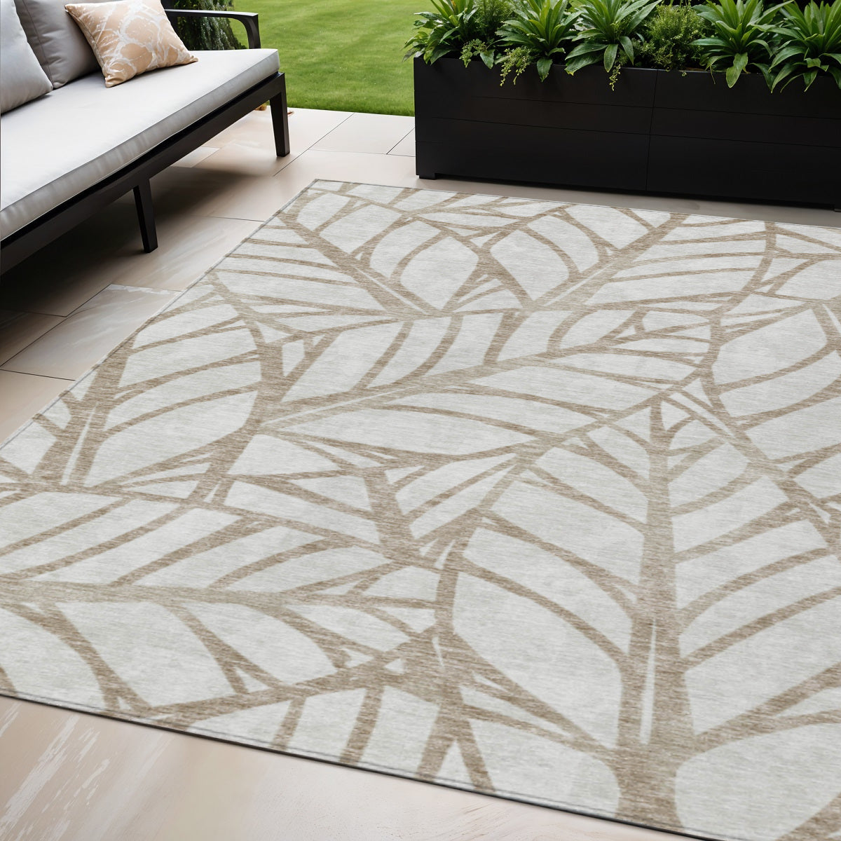 5' X 8' Beige And Brown Floral Washable Indoor Outdoor Area Rug