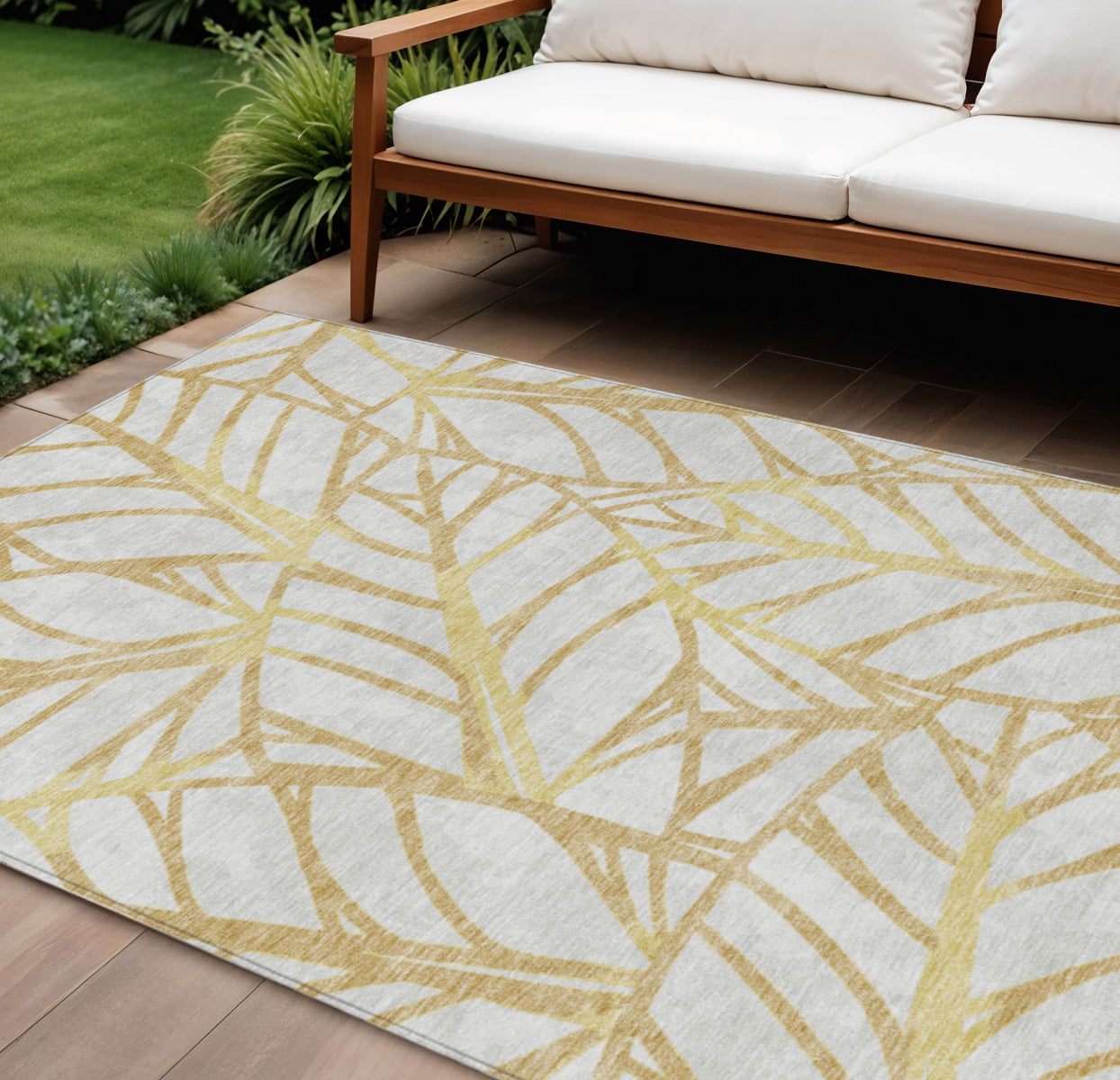 8' X 10' Gold And Beige Floral Washable Indoor Outdoor Area Rug