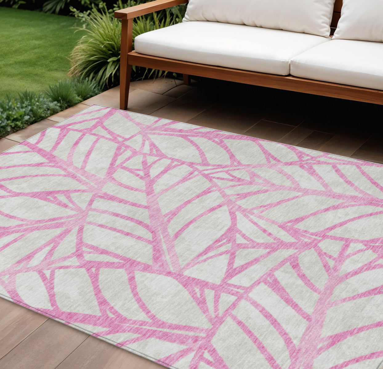 10' X 14' Pink And Beige Floral Washable Indoor Outdoor Area Rug