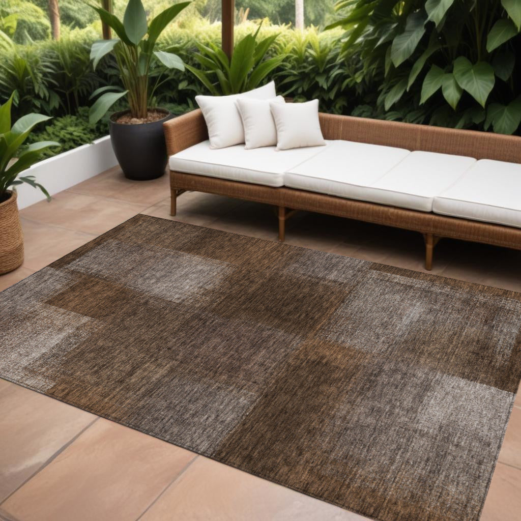 9' X 12' Brown And Ivory Abstract Washable Indoor Outdoor Area Rug
