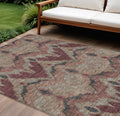 8' X 10' Burgundy Beige And Charcoal Ikat Washable Indoor Outdoor Area Rug