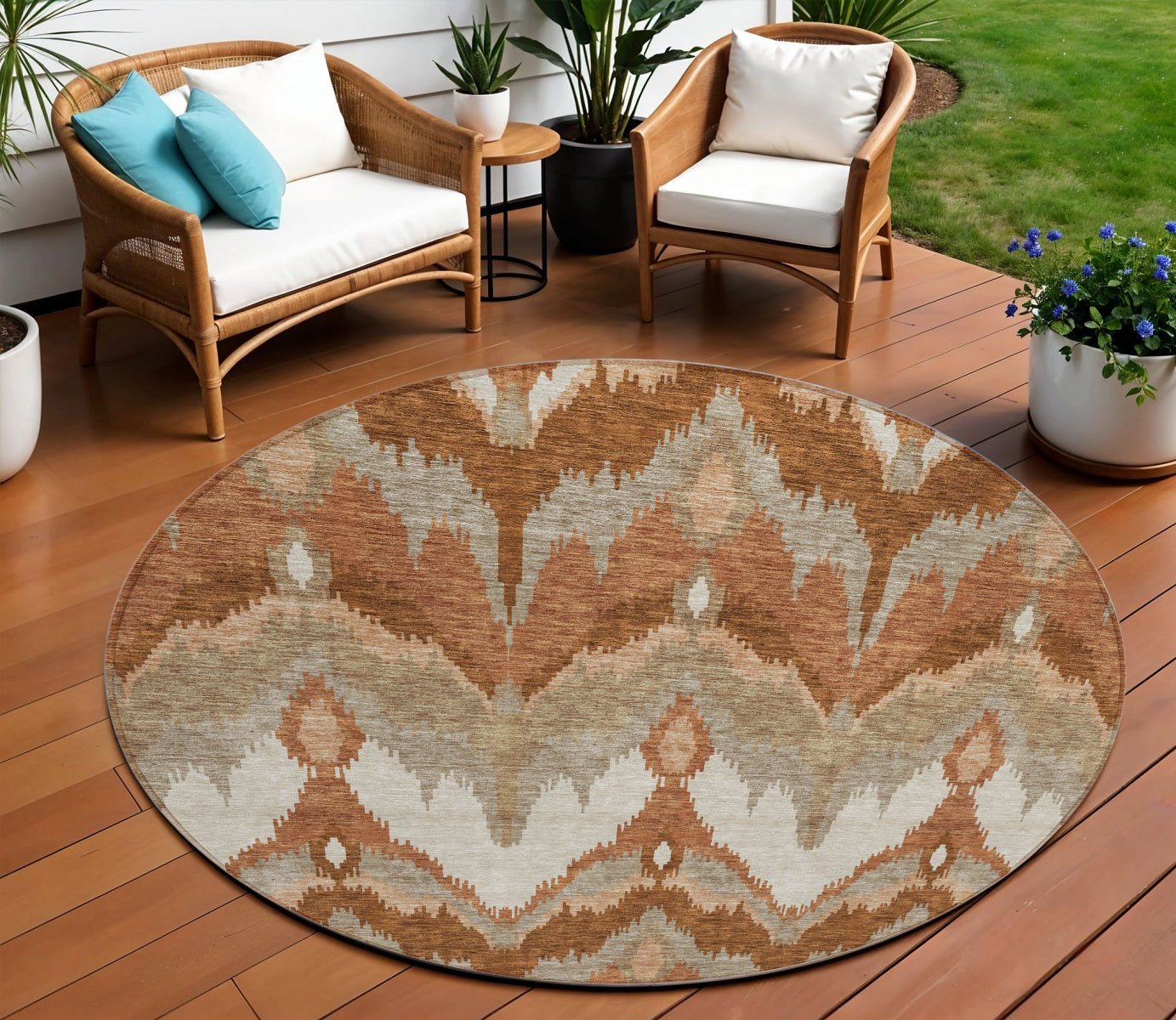 8' Orange Beige And Copper Round Ikat Washable Indoor Outdoor Area Rug