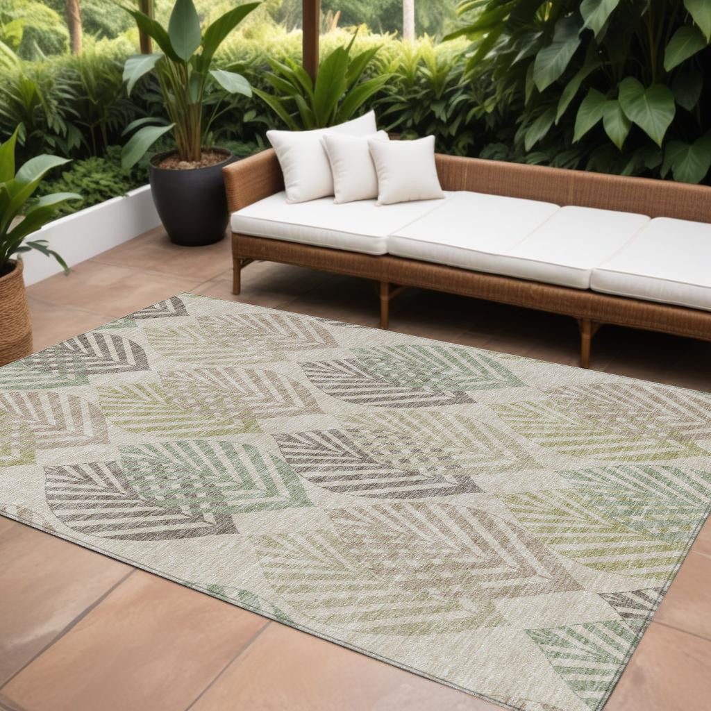 8' X 10' Beige Taupe And Artichoke Green Floral Washable Indoor Outdoor Area Rug