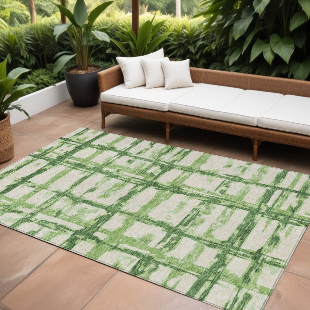 8' X 10' Artichoke Green And Emerald Striped Washable Indoor Outdoor Area Rug