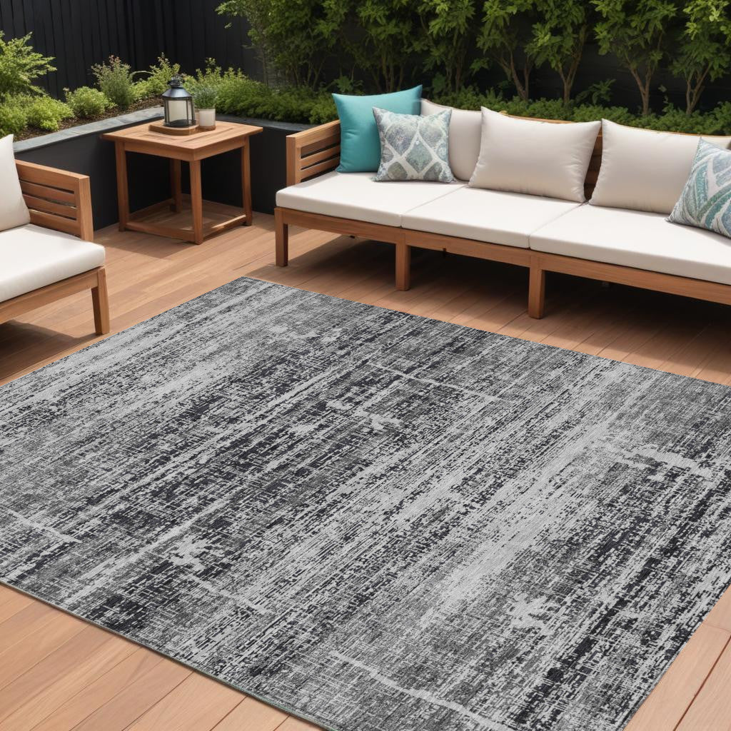 9' X 12' Black Gray And Charcoal Abstract Washable Indoor Outdoor Area Rug