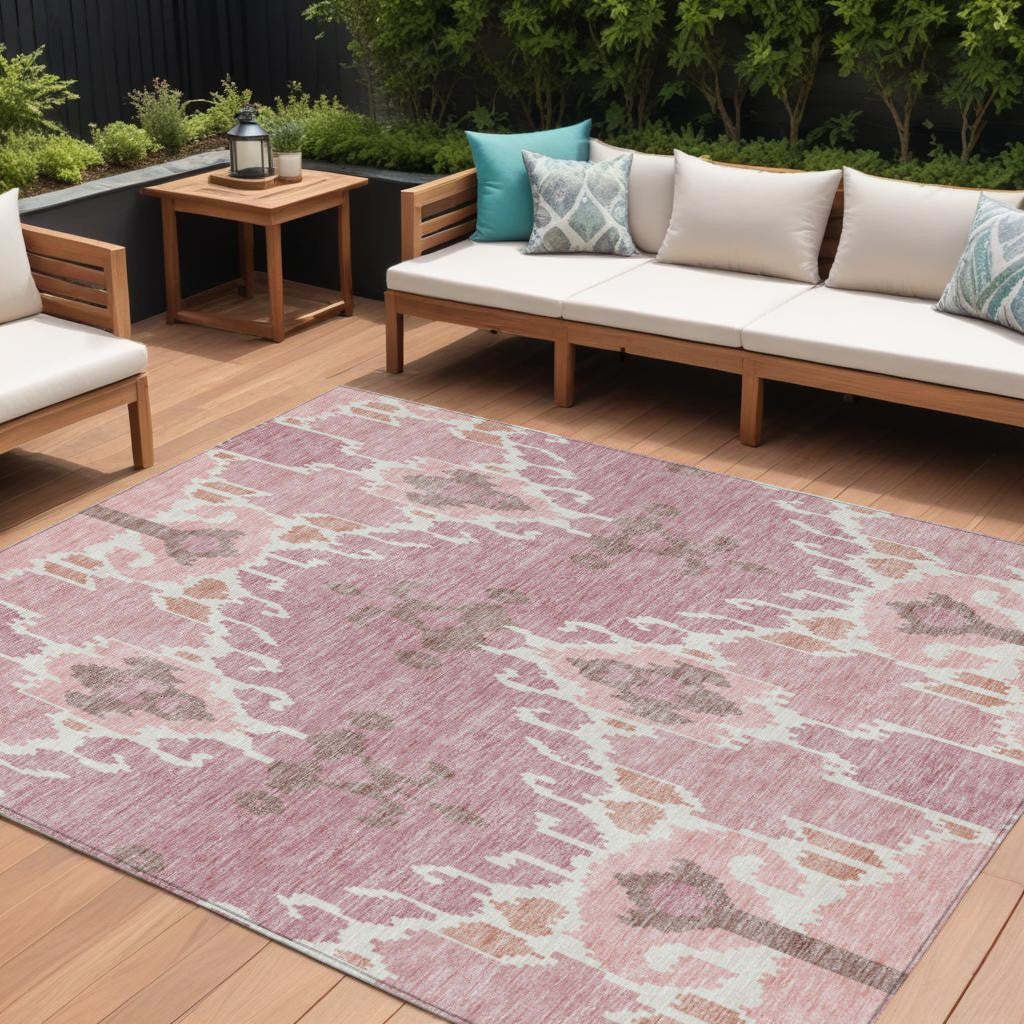 9' X 12' Blush Pink And Ivory Ikat Washable Indoor Outdoor Area Rug