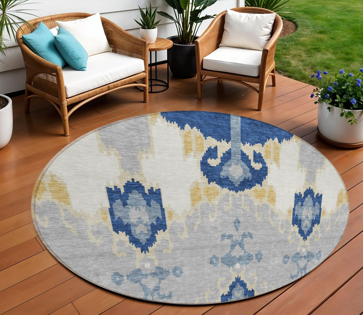 8' Navy Blue Ivory And Gray Round Ikat Washable Indoor Outdoor Area Rug