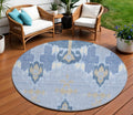 8' Sky Blue Denim Blue And Ivory Round Ikat Washable Indoor Outdoor Area Rug