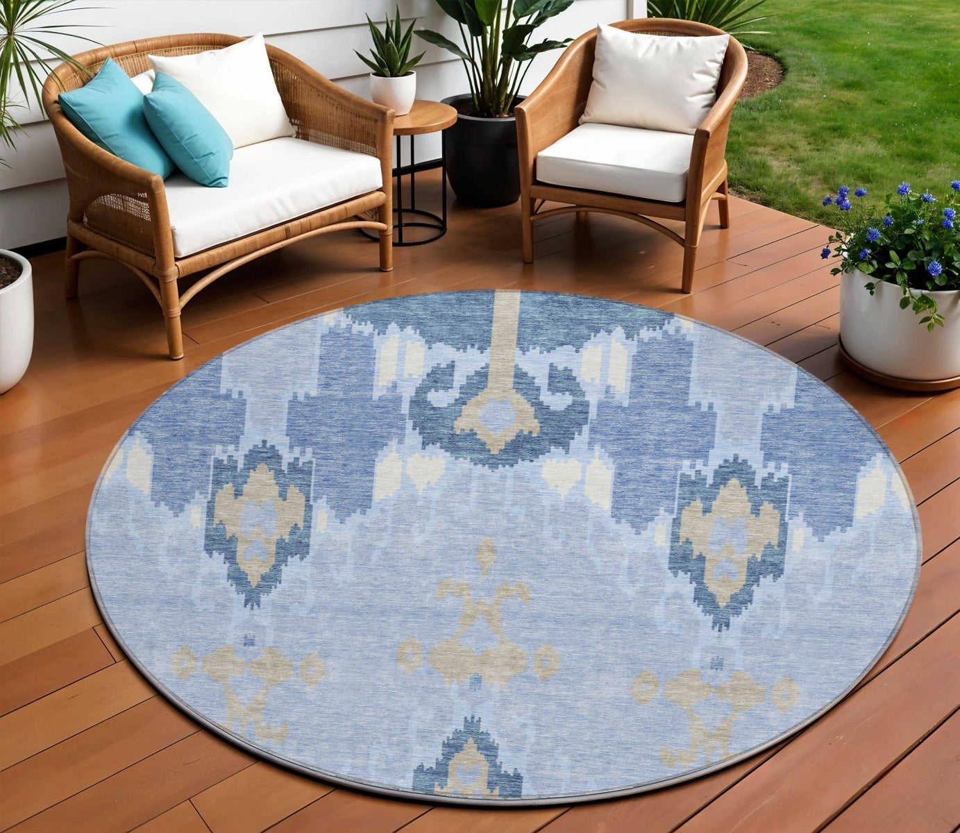 8' Sky Blue Denim Blue And Ivory Round Ikat Washable Indoor Outdoor Area Rug