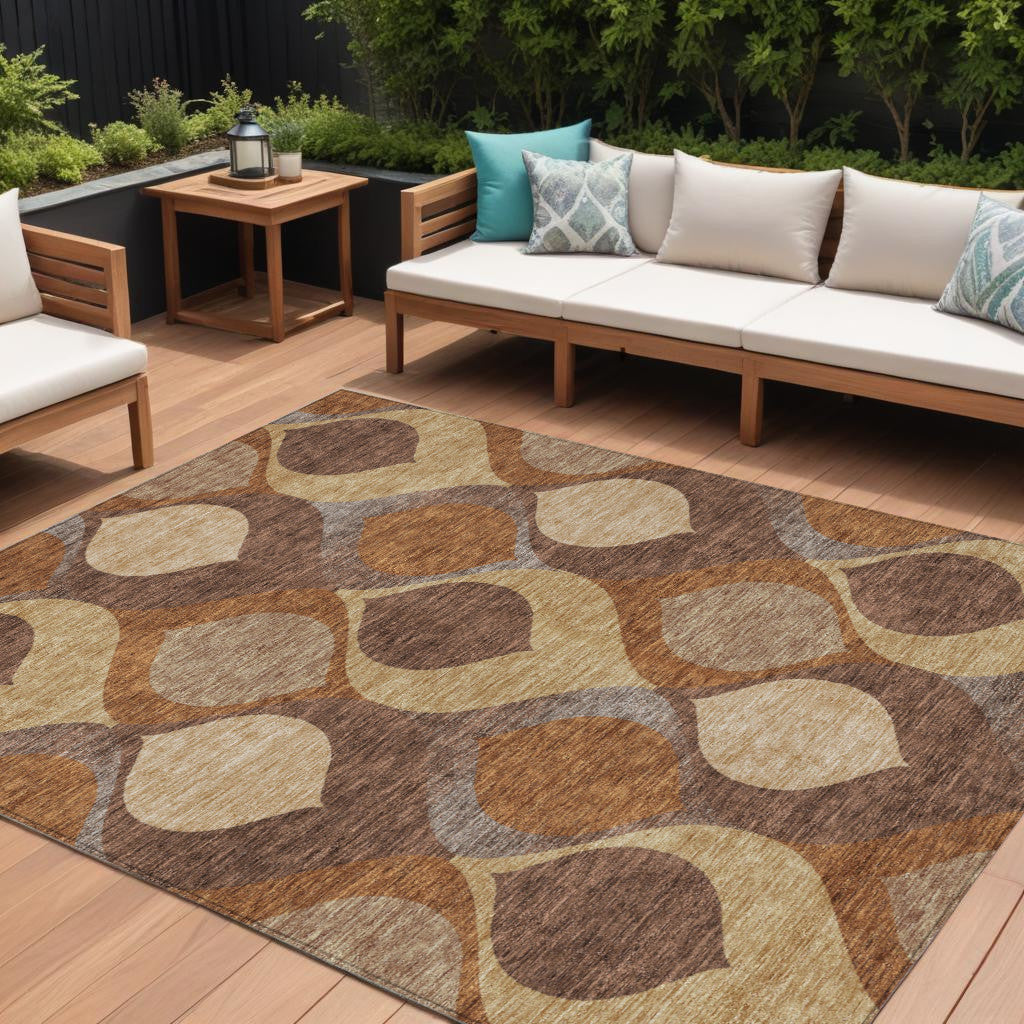 9' X 12' Copper Beige And Taupe Ogee Washable Indoor Outdoor Area Rug