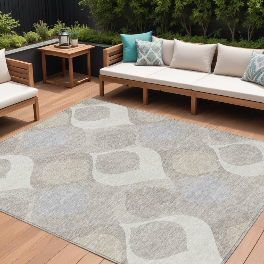 10' X 14' Ivory Beige And Tan Ogee Washable Indoor Outdoor Area Rug